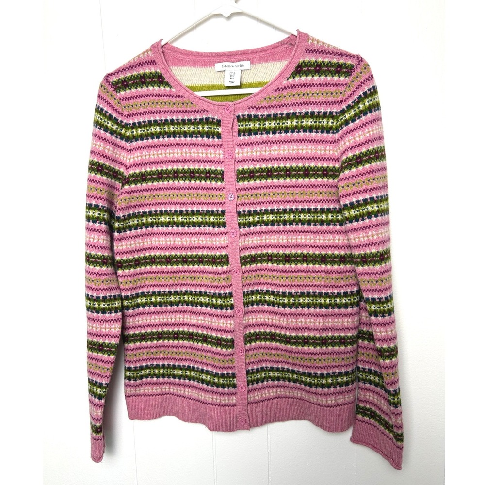 TABITHA WEBB Women's Sweater S Wool Fair‎ Isle Cardigan Striped pink nordic